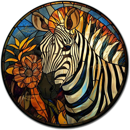 Lygond Metal Sign Tin Sign Circular Stained Glass Zebra Boho Office Decor for Gift 8×8 Inches
