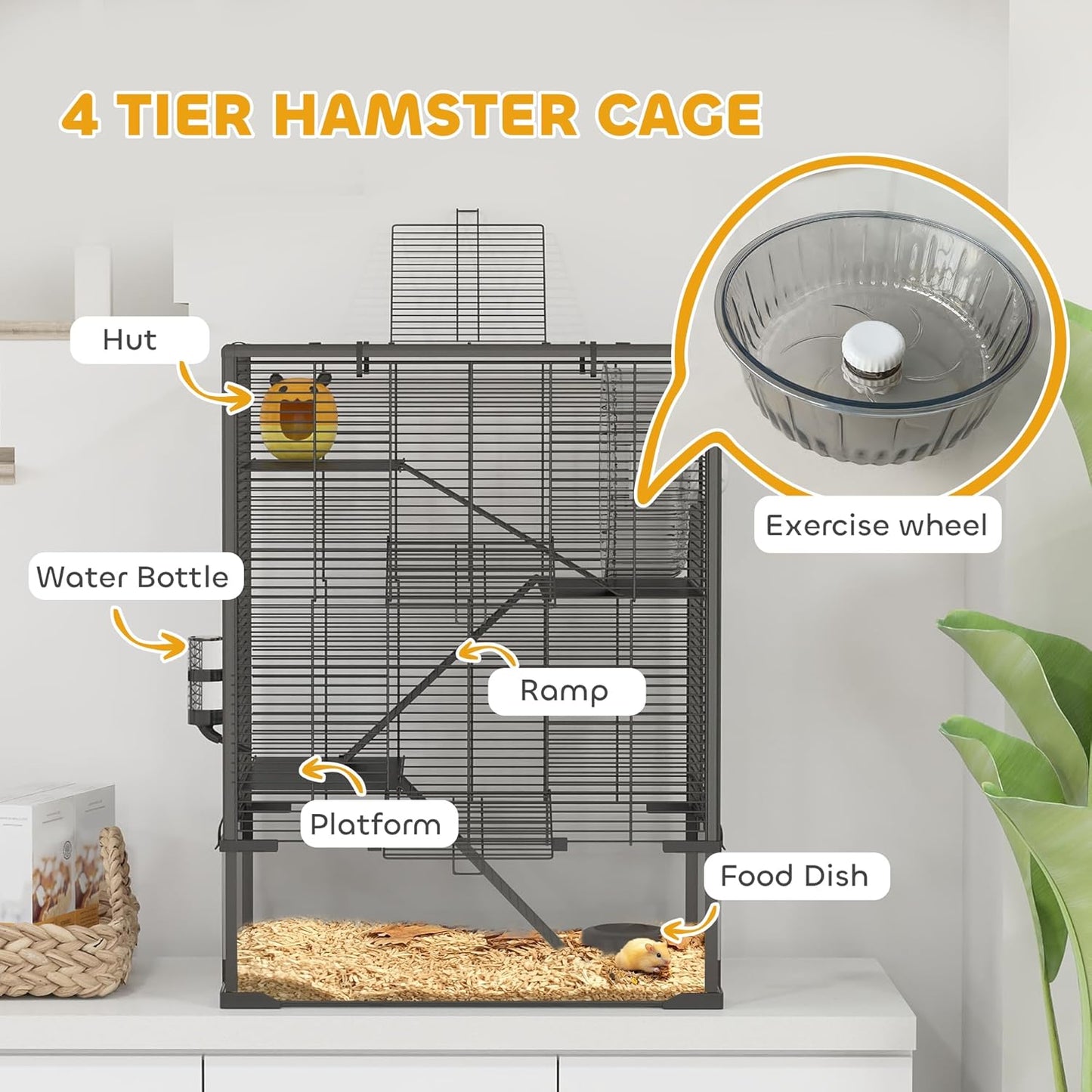 PawHut Large Hamster Cage with Deep Tempered Glass Bottom, 4 Tiers Hamster Tank with Running Wheel, Hut, Water Bottle, Dish, Rat Cage for Syrian, Dwarf, Gerbils, Mouse, 24" x 16" x 31.5", Black