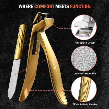 BEZOX Ergonomic Angled Head Thick Toenail Clipper for Seniors - Large Nail Clippers for Thick and Ingrown Nails with Metal Nail File, Premium Nail Cutter Fingernail Clipper for Men and Women - Golden