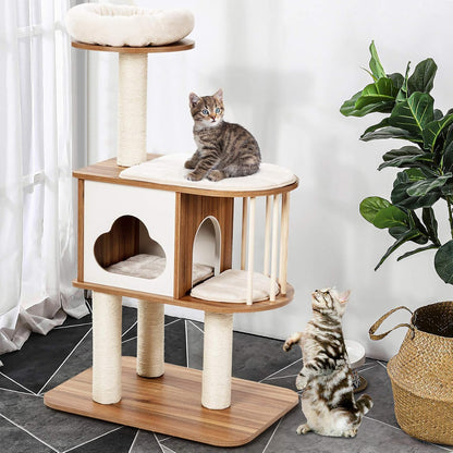 Tangkula Modern Wood Cat Tree, 46 Inches Cat Tower with Platform, Cat Activity Center with Scratching Posts and Washable Cushions, Wooden Cat Condo Furniture for Kittens and Cats (Natural)