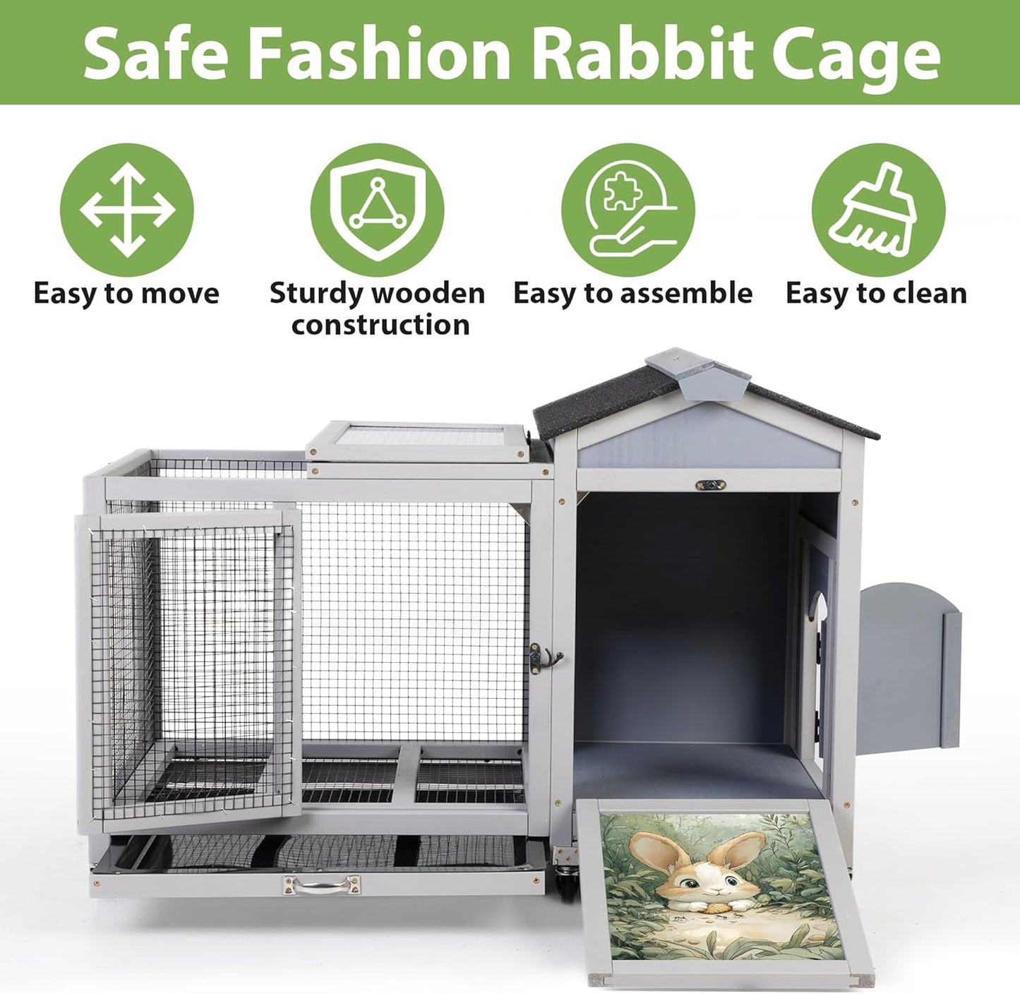 COZIWOW 38.5inches Durable Wooden Rabbit Cage Indoor，Wide Space Small Animal House with Removable Tray&Safety Lock，Rubbit Hutch with Waterproof Roof&Solar Panels (Grey with Pattern)