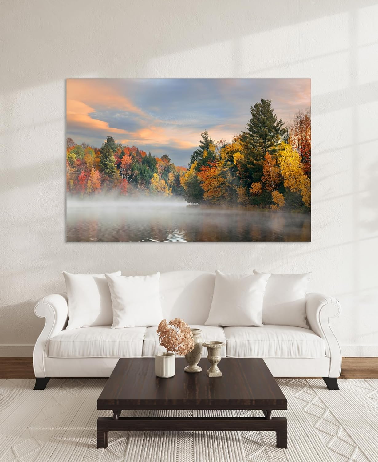 Nature Wall Art Prints - Ocean Forest Mountain Lake Canvas Landscapes - Small to Extra Large Living Room Bedroom Kitchen Bathroom Décor (Misty Fall Reflection, 24L" x 36W")