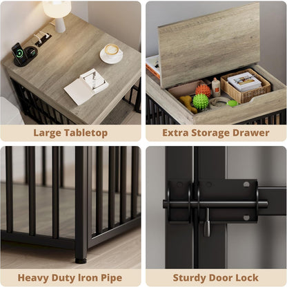 IRONCK Dog Crate Furniture for Small Dogs, Wooden Dog Kennel with Flip Top Drawer, Indoor Pet Crate End Table with Charging Station, Steel-Tube Dog Cage, Gray