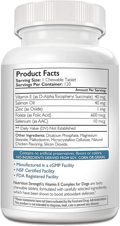 Vitamin E for Dogs, Promote Cardiovascular Health, Support Cell Membranes, Vitamin E Complex to Boost Dog Immune System Plus Zinc, Selenium, Folate, Salmon Oil, 120 Chewable Tablets