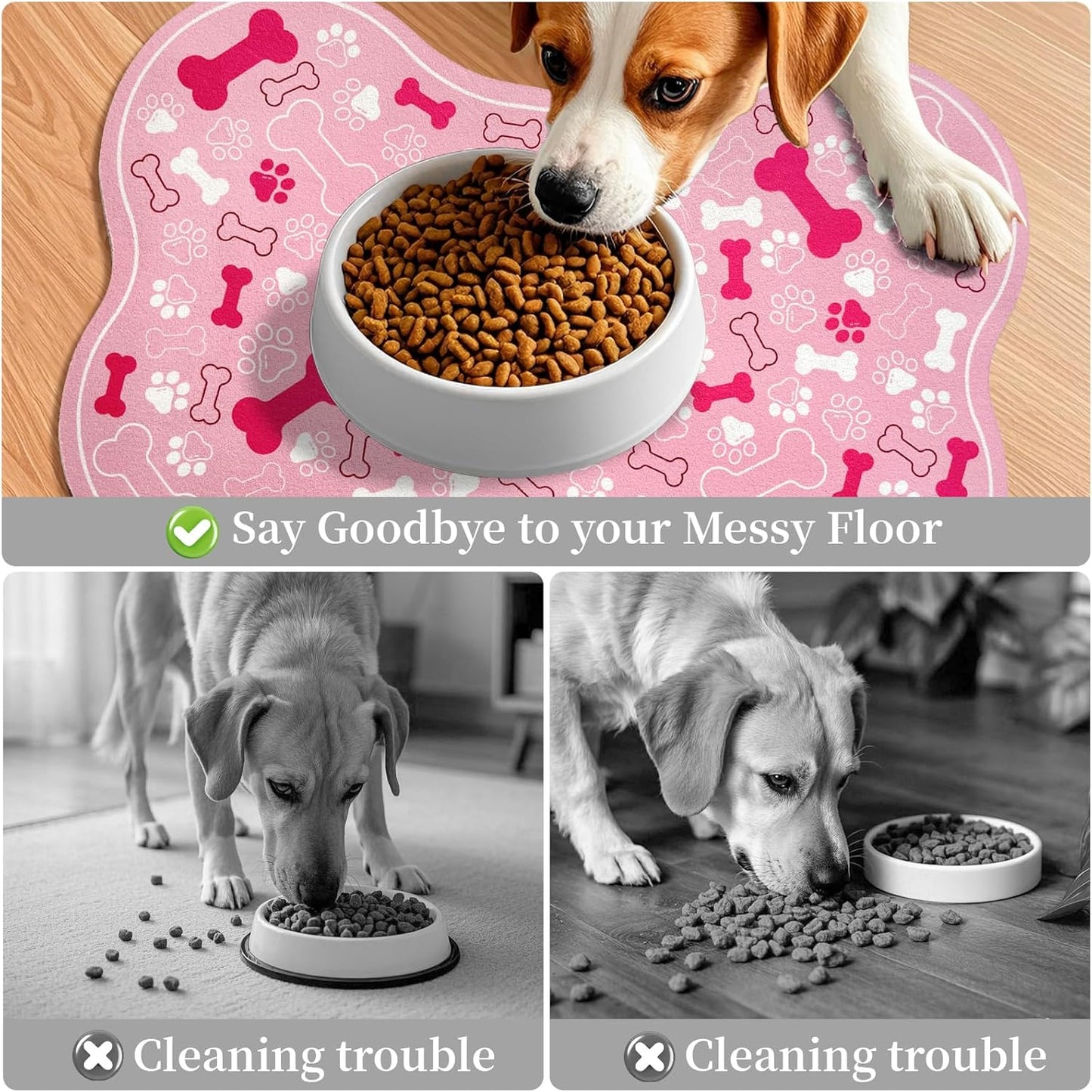 Dog & Cat Food Mat Bone Shaped Pet Feeding Mat Quick Absorb Water Bowl Placemat with Rubber Backing Indoor Floor Stain Resistant Pet Accessory Supplies (Light Pink, 16x24 Inches)