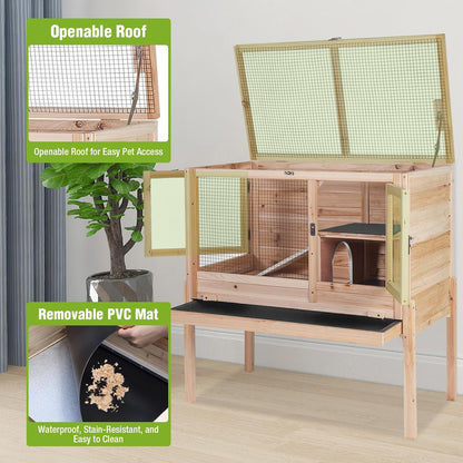 GUTINNEEN Indoor Guinea Pig Cages - Wooden Rabbit Cage Bunny Hutch with Chew-Proof Ramp, Pull-Out Tray, Leakproof PVC Layer & Detachable Legs for Rabbits, Guinea Pigs (Natural Wood)