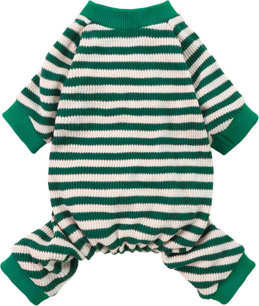 Fitwarm Green and White Striped Dog Pajamas, Waffle Dog Clothes for Small Dogs Girl Boy, Puppy Onesie with Feet, Pet Cat Outfit, Medium