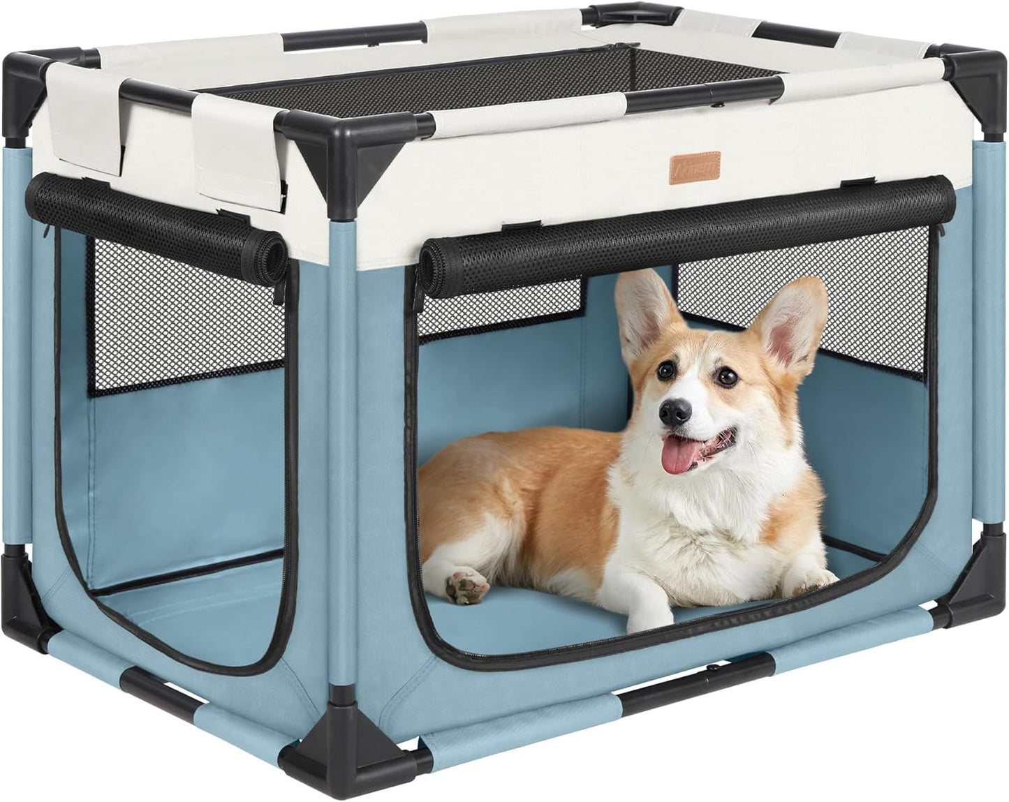 Dog Crate - Soft Pet Kennel for Dogs/Cats, 3-Door Breathable Travel Cage with Mesh Window, Portable Dog Kennel for Indoor & Outdoor, Blue-L