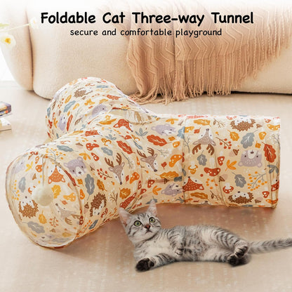 Tempcore Pet Cat Tunnel Tube Cat Toys 3 Way Collapsible, Cat Tunnels for Indoor Cats，Kitty Tunnel Bored Pet Toys Peek Hole Toy Ball Puppy, Kitty, Kitten, Rabbit Beige Deer