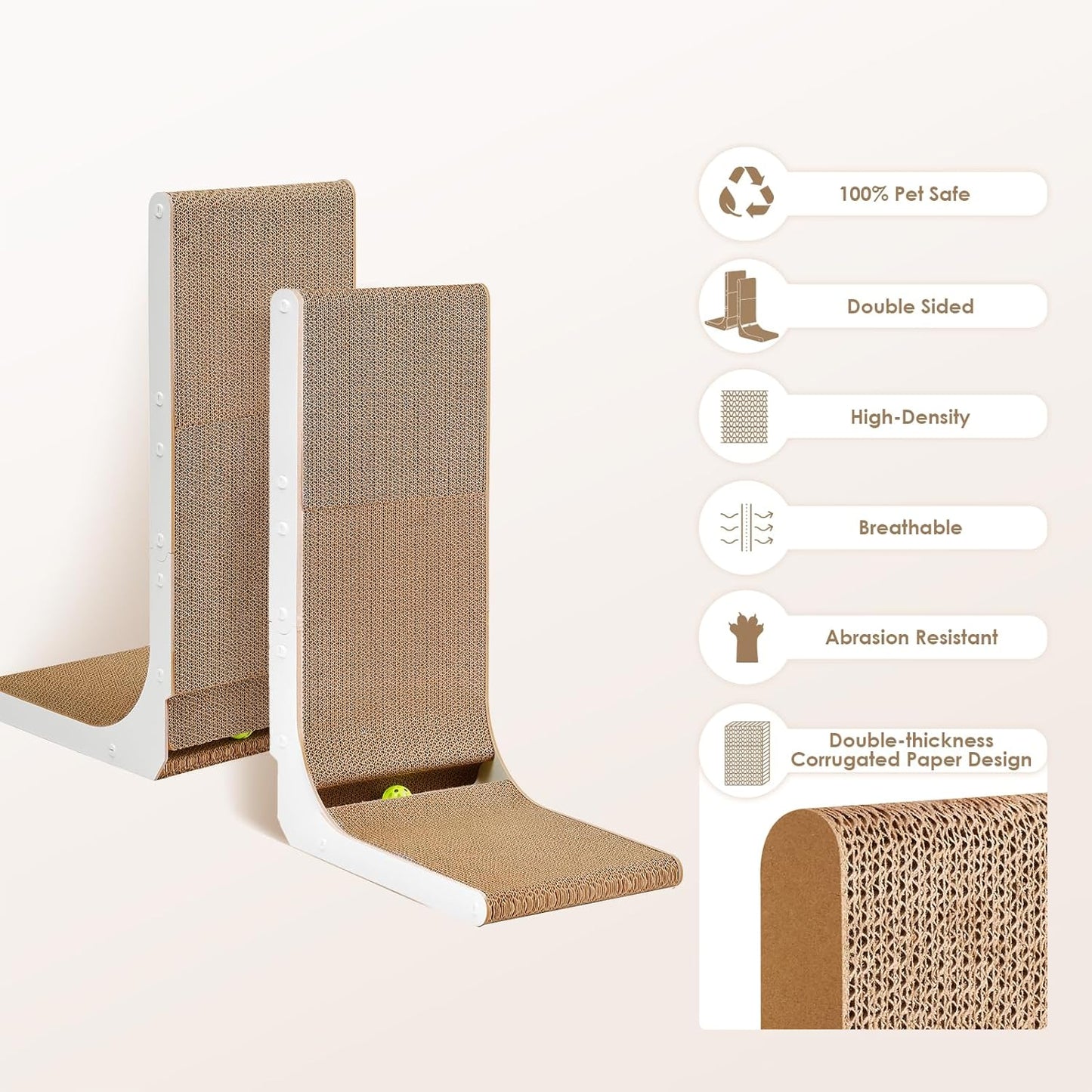 EHEYCIGA Cardboard Cat Scratcher for Indoor Cats, 26.8 Inch L Shaped Vertical Cat Scratching Board with Ball Cat Toy, Large Cat Scratcher Pad, White