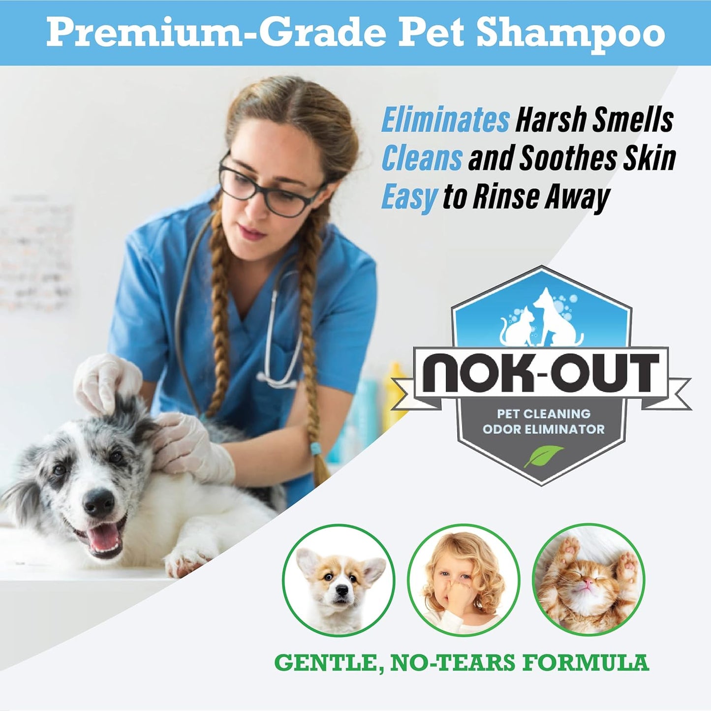 NOK OUT Premium Grade Pet Shampoo for Dogs and Cats, Veterinary Strength and Odor Eliminator Formula, Made in the USA, 20 Ounce Bottle, 4-Pack