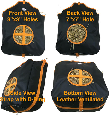 Majestic Ally Nylon Hay Feeder Tote Bag for Horse, Goat, Sheep - Double Sides Open Feed Hole with Faux Leather Ventilated Bottom- Premium Quality -Simulates Grazing - Reduces Waste (Black)