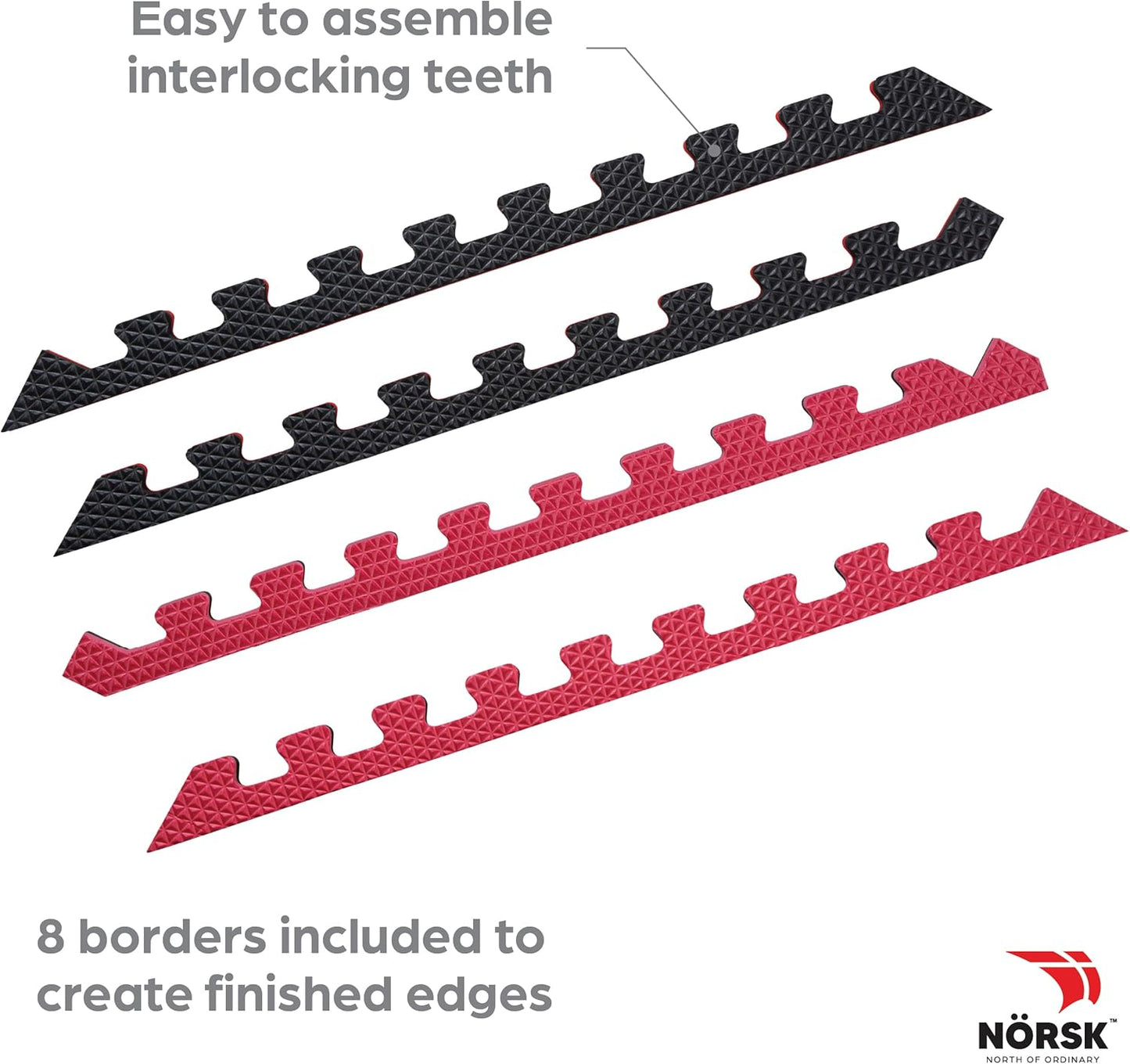 Norsk Reversible Gym Exercise Mats 3/4" Thick EVA Interlocking Foam Tiles, Perfect Home Gym Flooring, 16 24"x24" Tiles & 32 Trim Pieces, 64 Sq. Ft. Reversible, Red/Black