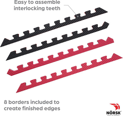 Norsk Reversible Gym Exercise Mats 3/4" Thick EVA Interlocking Foam Tiles, Perfect Home Gym Flooring, 16 24"x24" Tiles & 32 Trim Pieces, 64 Sq. Ft. Reversible, Red/Black