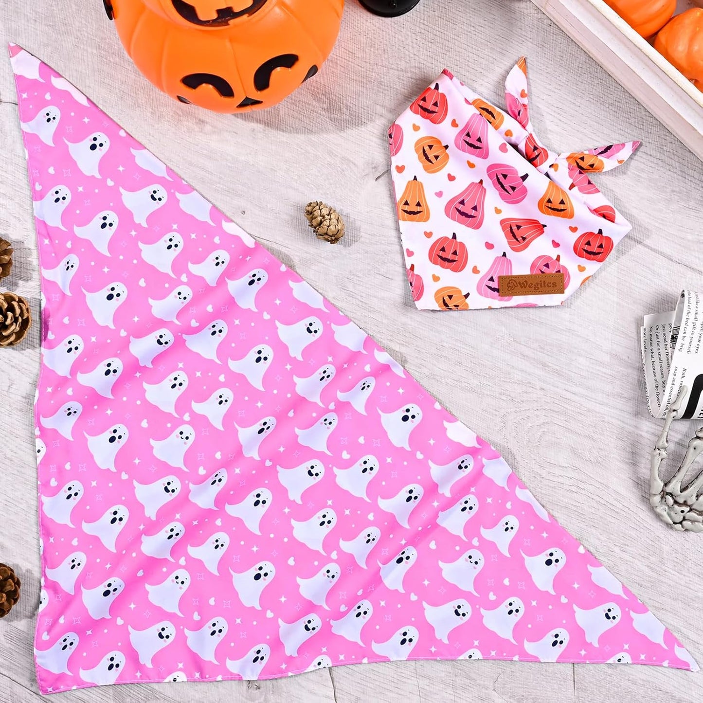 2 Pack Halloween Dog Bandanas,Leather Brand Logo, Double-Layed Soft Skin-Friendly Fabric, Autumn Scarf Accessory for Boys & Girls,Suitable for Halloween, Daily Walks & Family Outings