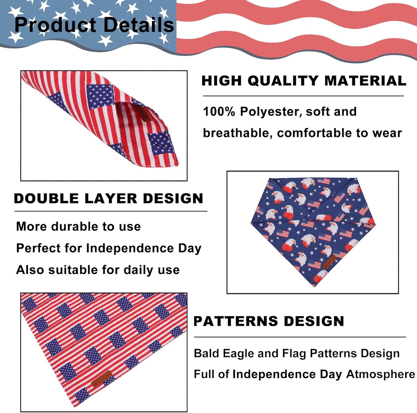 ADOGGYGO American Flag Dog Bandanas, Red Blue Patriotic Eagles USA Flag Scarf, Multi Size, 4th of July Bandana for Small Dogs Pets (Small)