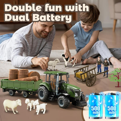 Remote Control Tractor with Trailer - Farm Toys Set Including Animals, Fruits, Vegetables, and Farmer Figures, Toddlers Farm Vehicle Toys for 3 4 5 6 7 8 9 Year Old Boys Girls Birthday Gifts