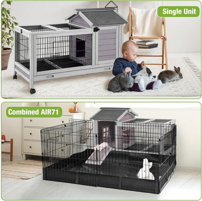 GUTINNEEN Rabbit Hutch Bunny Cage with Removable Wire Floor, Indoor/Outdoor Guinea Pig Cages with Leakproof Pull-Out Tray, 4 Lockable Wheels & Run Space