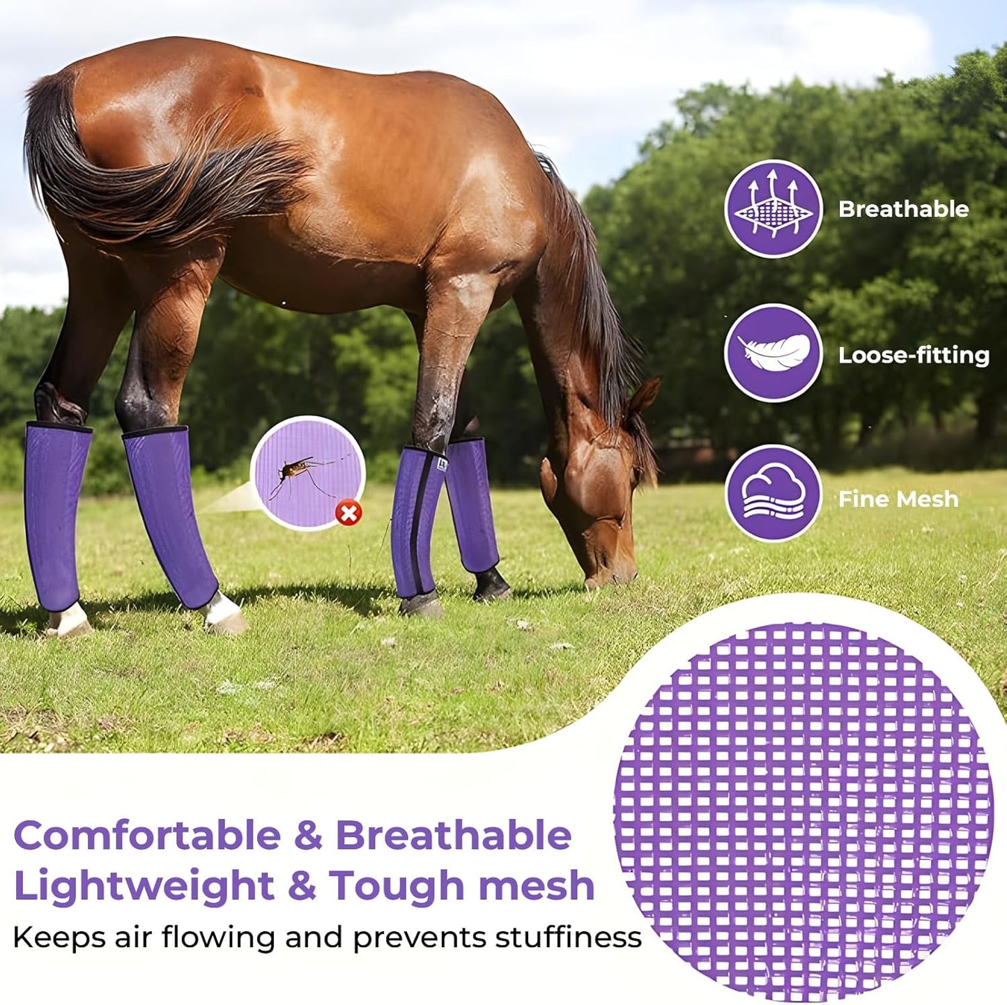 Mesh Horse Fly Boots Set of 4，Adjustable and Universal Loose Fitting & Non-Slip Horse Fly Leggings for Horses,Reduce Stressful Stomping (Purple)