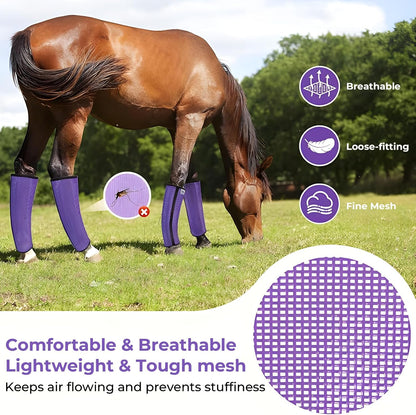 Mesh Horse Fly Boots Set of 4，Adjustable and Universal Loose Fitting & Non-Slip Horse Fly Leggings for Horses,Reduce Stressful Stomping (Purple)
