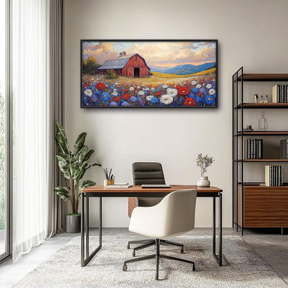 Large Farmhouse Barn Daisy Wall Art for Living Room, Floral Landscape Canvas Oversized Wall Decor, Flower Scenery Framed Pictures Painting Print Artwork for Bedroom Office 60"L x 30"W