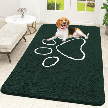OLANLY Door Mat for Muddy Dog Paws 59x35, Absorbent Chenille Mud Doormat with Paw Print Design, Non-Slip Washable Doormat for Indoor Entryway, Quick-Dry Pet Bed Mats for Dirty Dogs, Blackish Green