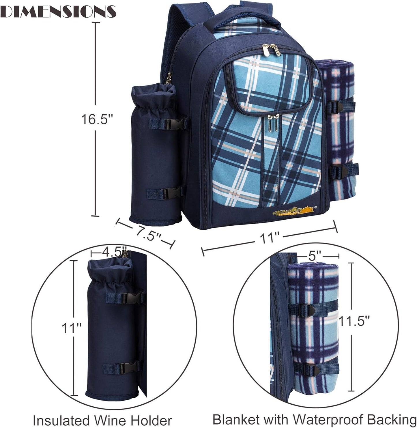 Apollo Walker Picnic Backpack Bag for 2 Person with Cooler Compartment, Detachable Bottle/Wine Holder, Fleece Blanket, Plates and Cutlery (Blue)