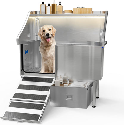 50'' Dog Washing Station - 304 Stainless Steel, LED Dog Bathing Station with Ramp, 2 Drawer, Floor Grate & Lick Pad for Large, Medium & Small Dogs