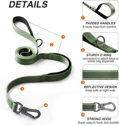 TwoEar 6FT 1IN Strong Green Dog Leash with 2 Padded Handles, Traffic Handle Extra Control, Comfortable Soft Dual Handle, Auto Lock Hook, Reflective Walking Lead for Small Medium and Large Dogs