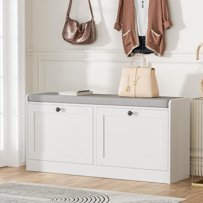 MHOM White Entryway Bench with 2 Flip Drawers, Shoe Bench with Padded Seat Cushion, Wooden Shoe Storage Bench for Entryway and Apartment