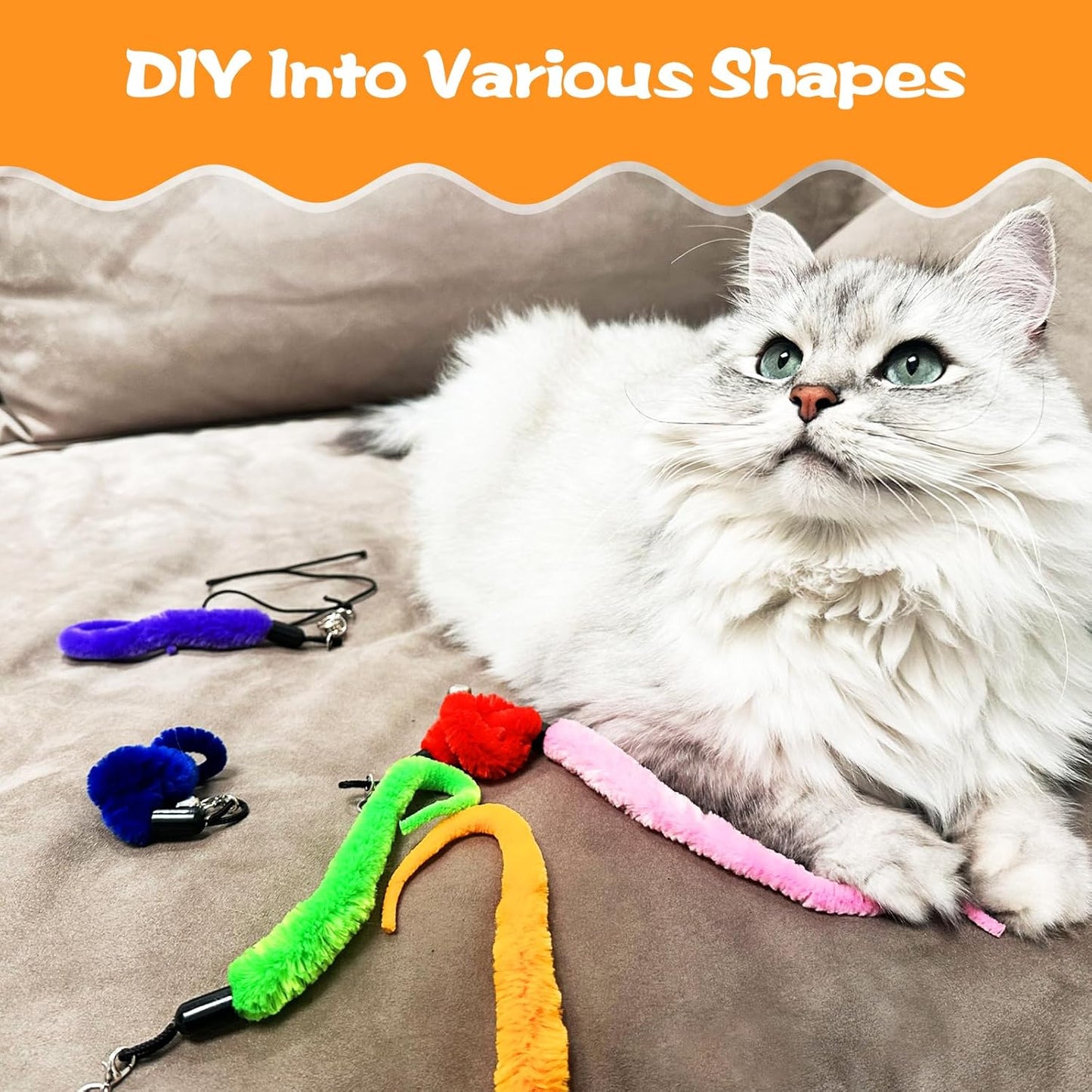 10PCS Cat Worm Toy, Cat Wand Attachment Fuzzy Worm Toys Refill with 1PCS Black String for Wand Replacement, Interactive Cats Kittens Toys for Indoor