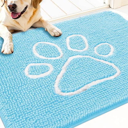 OLANLY Door Mat for Muddy Dog Paws 30x20, Ultra Absorbent Chenille Mud Doormat with Paw Print Design, Non-Slip Washable Doormat for Indoor Entryway, Quick-Dry Pet Bed Mats for Dirty Dogs, Blue
