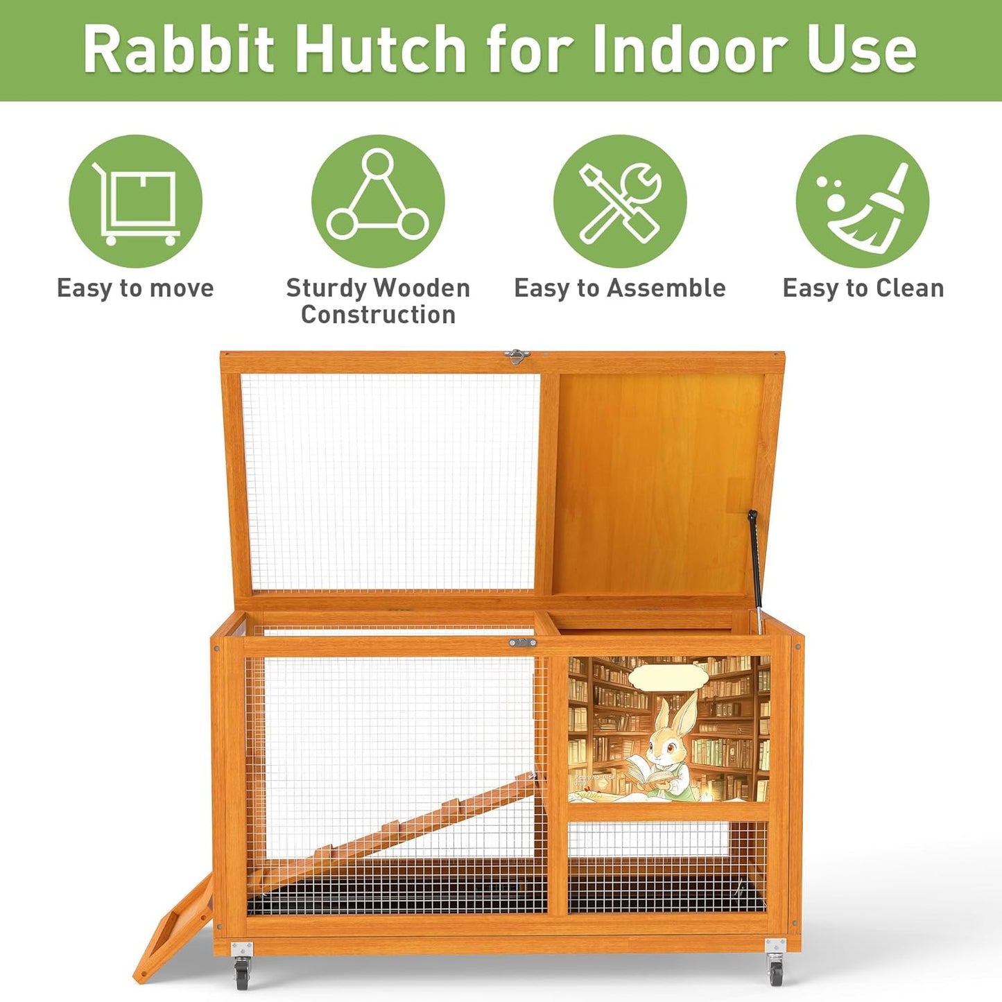COZIWOW Wooden 36Inches Rabbit Hutch Indoor with Wheels Bunny Cage Outdoor Rabbit Cage with Clean Tray, Openable Roof, Anti-Slip Ramp for Small Bunny (Orange with Pattern)