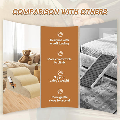 Romrol Dog Stairs Ramp for Beds Couches, Extra Wide Pet Steps with Durable Non-Slip Waterproof Fabric Cover, Dog Slope Stairs for Small Dogs and Cats or Pets Friendly, 3-Tiers, 13 Inch,Beige