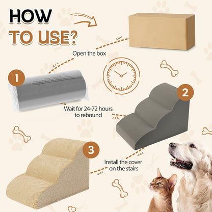 Romrol Dog Stairs Ramp for High Beds Couches, High Density Foam Pet Steps with Durable Non-Slip Waterproof Fabric Cover, Dog Stairs for Small Dogs or Cats or Pets, 3-Step,15 Inch,Beige