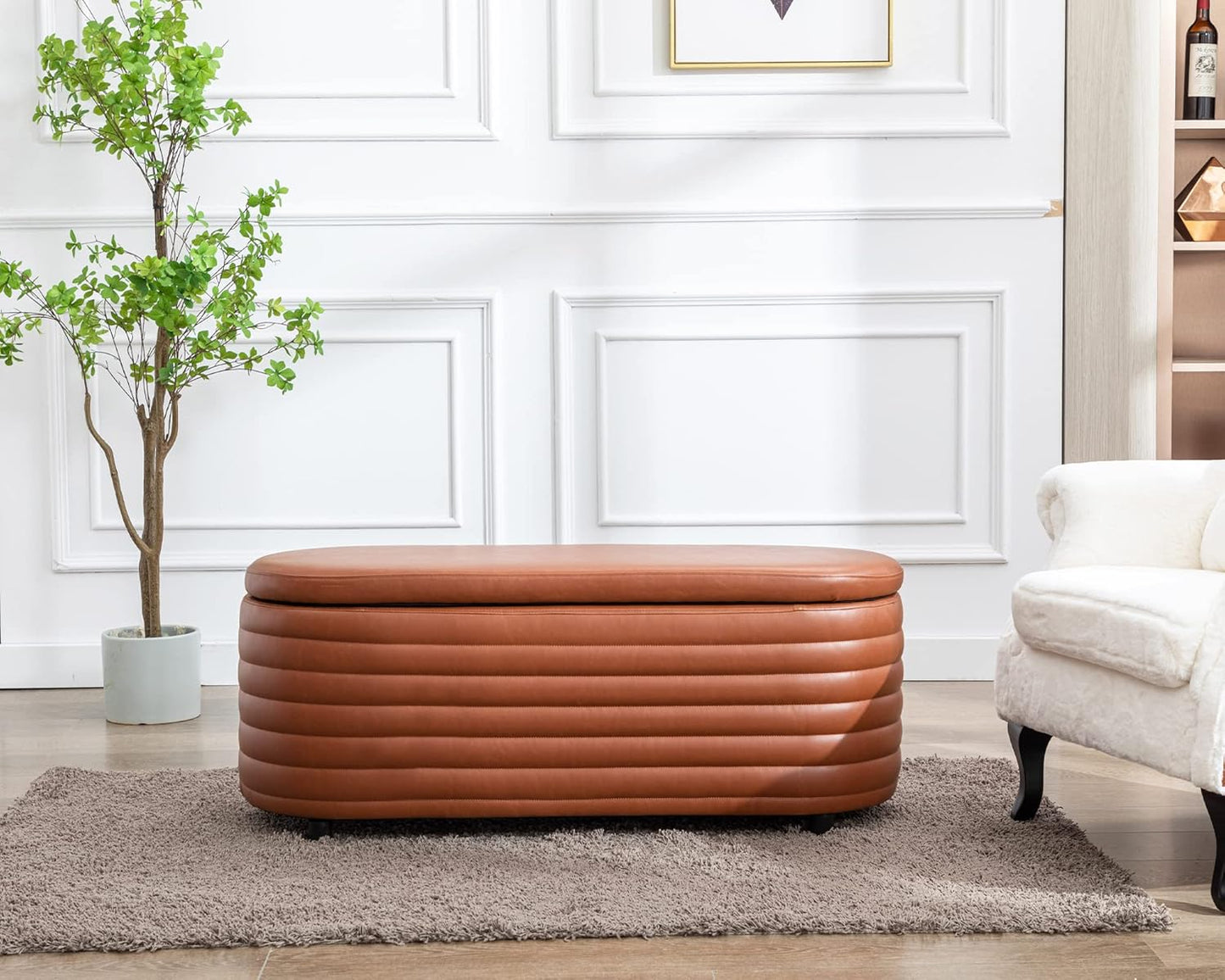 Storage Ottoman Bench Upholstered PU Leather End of Bed Stool with Safety Hinge for Bedroom, Living Room, Entryway (44.5-inch, Brown), TN2436