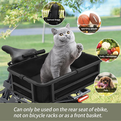AWQM Large Ebike Basket, Waterproof Metal Electric Bicycle Basket, Quick Assemble Bike Accessories Rear Cargo Rack for Picnic, Pet, Sports