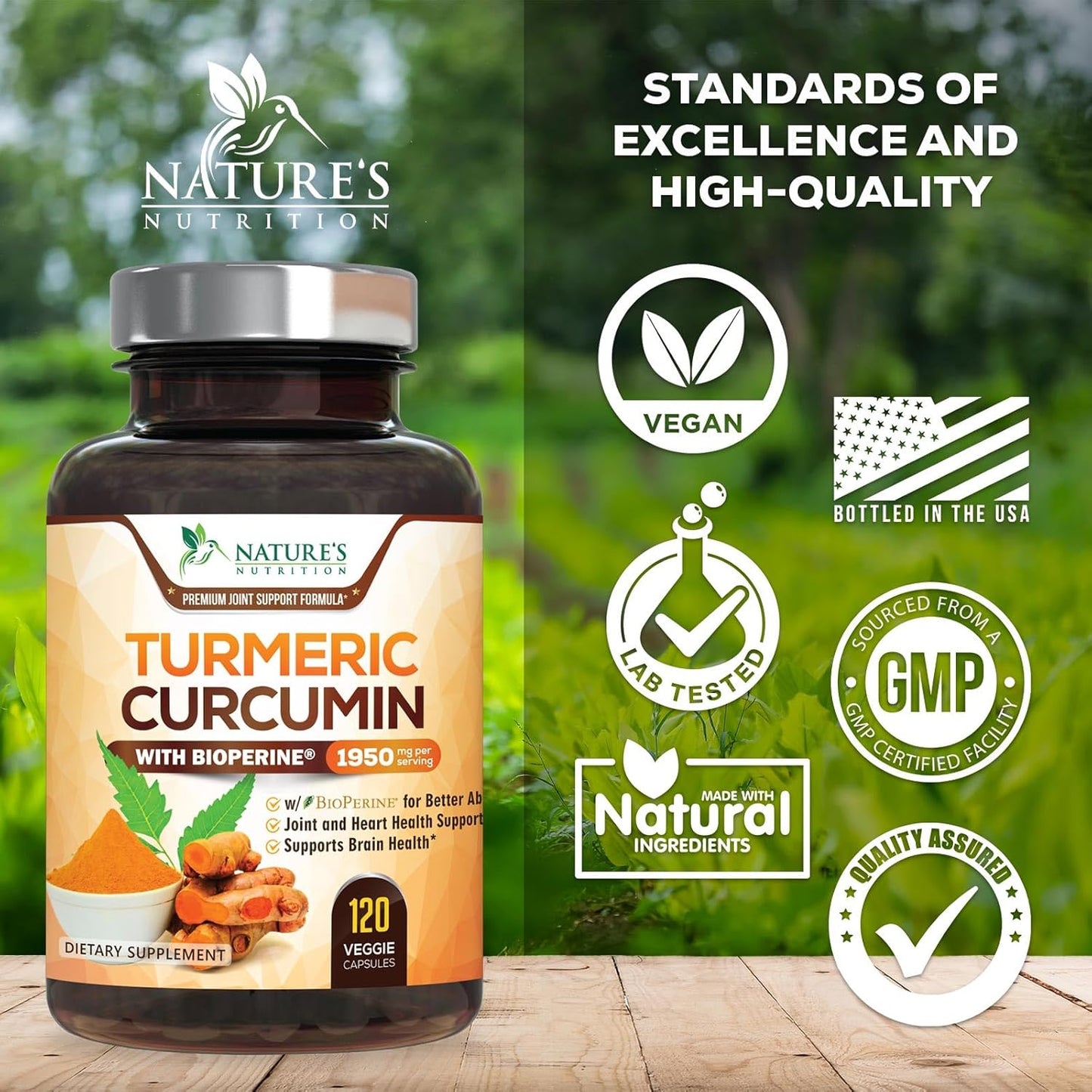 Turmeric Curcumin Supplement 1950mg - 95% Curcuminoids with Organic Turmeric & BioPerine Black Pepper Extract for Best Absorption, Nature's Vegan Joint Support, Non-GMO, Bottled in USA - 120 Capsules