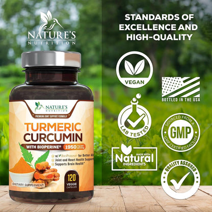 Turmeric Curcumin Supplement 1950mg - 95% Curcuminoids with Organic Turmeric & BioPerine Black Pepper Extract for Best Absorption, Nature's Vegan Joint Support, Non-GMO, Bottled in USA - 120 Capsules