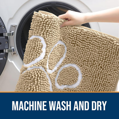 OLANLY Door Mat for Muddy Dog Paws 24x16, Ultra Absorbent Chenille Mud Doormat with Paw Print Design, Non-Slip Washable Doormat for Indoor Entryway, Quick-Dry Pet Bed Mats for Dirty Dogs, Beige