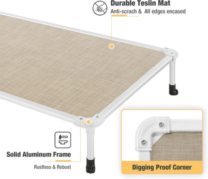 Veehoo Chew Proof Elevated Dog Bed - Cooling Raised Pet Cot - Silver Aluminum Frame and Durable Textilene Mesh Fabric, Unique Designed No-Slip Feet for Indoor or Outdoor Use, Beige Coffee, Large