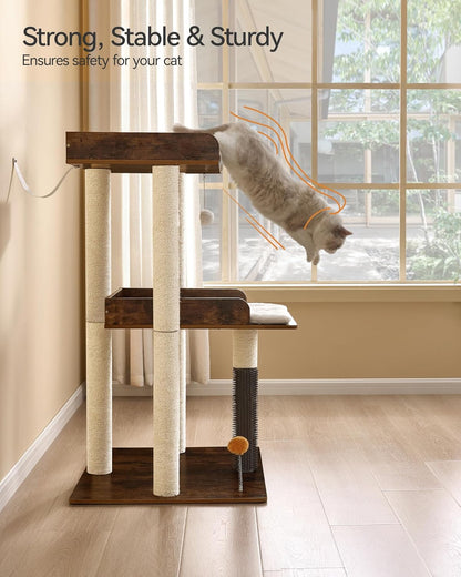 FourFurPets 43.7" Cat Tree, Modern Cat Tree Tower, Cat Tower for Indoor Cats Large Adult, Cat Condo with Scratching Post, Large Perch and Removable Pads,Rustic Brown