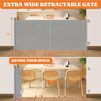 Upgrade Retractable Baby Gates, 35" Tall Extends up to 60" Wide, Mesh Dog Gate Indoor for Stairs, Outdoor Reinforced Pet Gate with Support Rods for Doorways Hallways Kitchen Bedroom, Grey