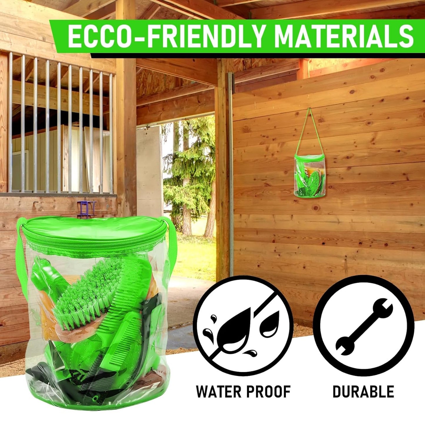 9 Pieces Horse Grooming Kit Tack Room Supplies Set with Organizer Tote Bag, Oval Massage Curry, Hard and Soft Brush, Hoof Pick, Sweat Scraper, Bathing Sponge, Combs for Horse Riders Beginners (Green)