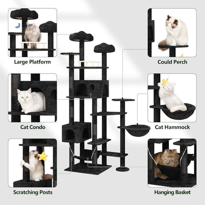 85inch Giant Cat Tree for Heavy Duty Big Cats, Multi-Level Luxury Cat Tower with Scratching Post, Cat Condo with Hammocks & Plush Perches for Indoor Cats Large Adult, Black