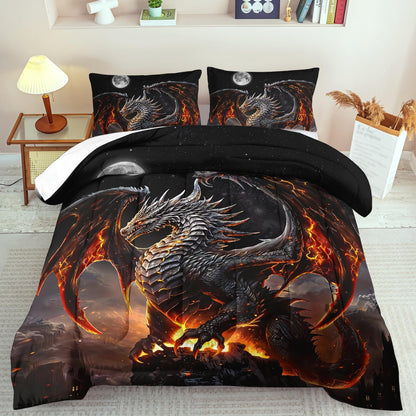 Black Dragon Comforter Set Twin Adult,Flame Dragon Bedding Set for Boys,Magical Beast Bedding Fantasy Animal Comforter Beedroom Decor,Magical Beast Quilt Bed Decor