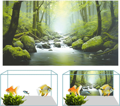 72X18IN Tropical Forest Terrarium Background, Natural Green Forest Tree Reptile Habitat Background, Misty Rainforest Aquarium Background, with 8 EVA Double-Sided Tape