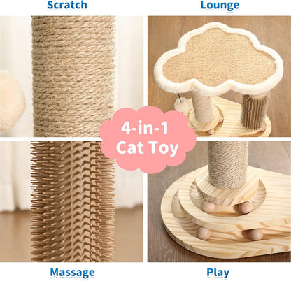 Made4Pets Cat Scratching Post, Cat Self Groomer for Indoor Cats, Cloud Soft Perch for Rest, 17.5" Tall Natural Sisal Scratcher Cat Grooming Interactive Ball Track Toys for Small Cats Kittens