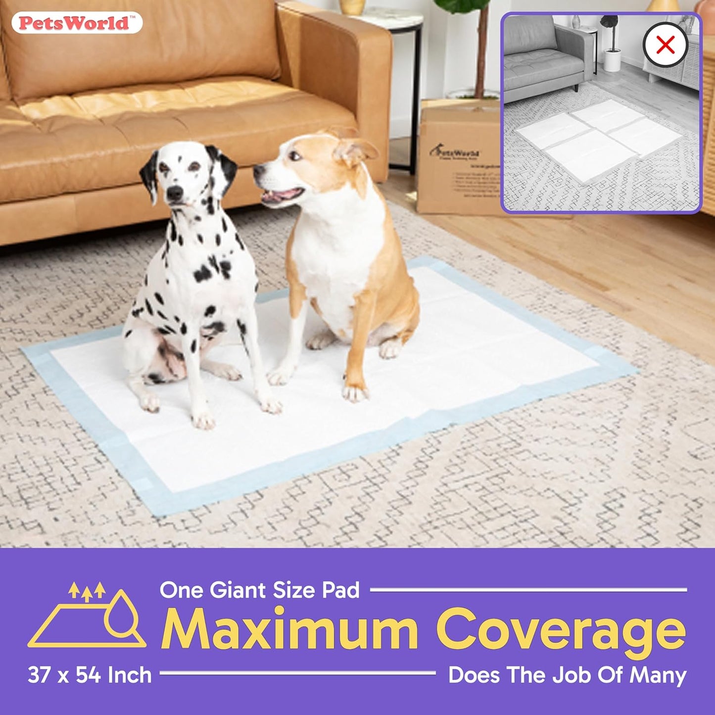 PETSWORLD Enormous Dog Training & Potty Pads, 37x54 inch - Tear Resistant with Strong Leak-Proof Backing, Optional Adhesive Tape, 100 Count