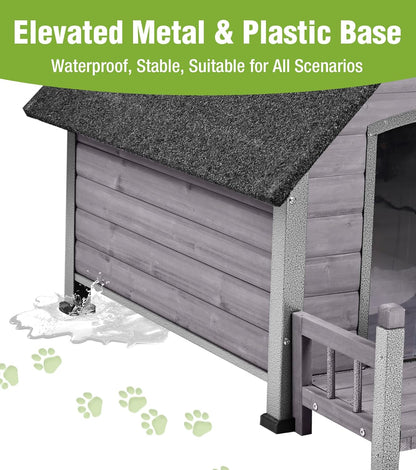 GUTINNEEN Dog House Outdoor Weatherproof with Porch, Puppy Shelter Indoor with Anti-Bite Design, PVC Curtain, Asphalt Roof, Elevated Waterproof Base, for Small to Medium Dogs - Grey